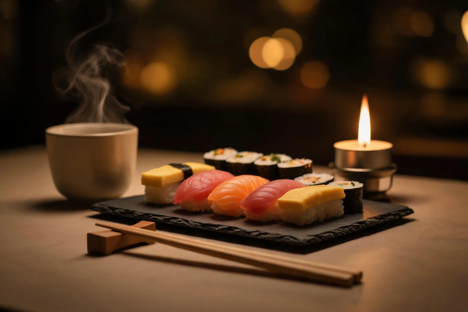Evening table: candle, steaming cup of tea and a sushi platter (illustration).