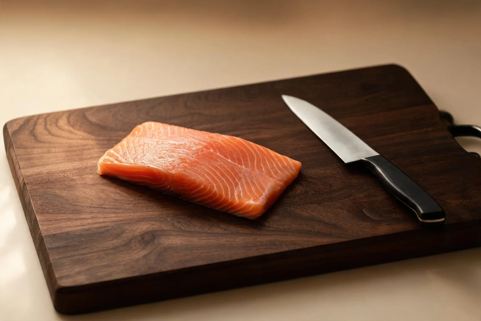 A salmon fillet on a dark board, next to a Japanese knife. (illustration)