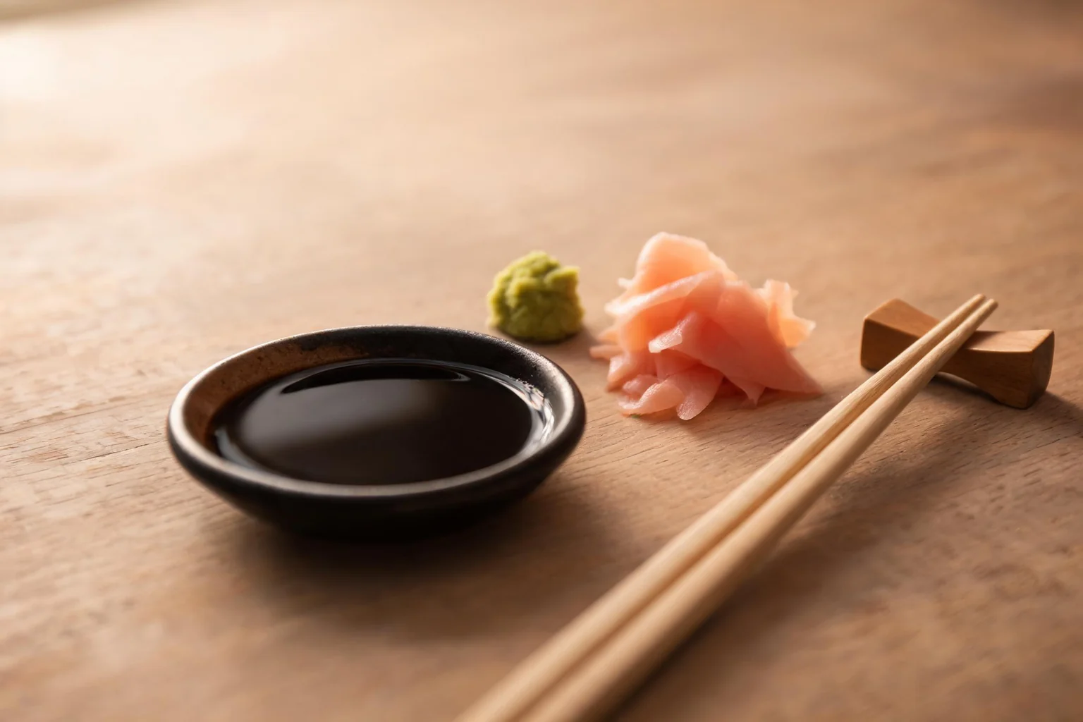 A dish of soy sauce, wasabi, ginger and chopsticks on their rest. (illustration)