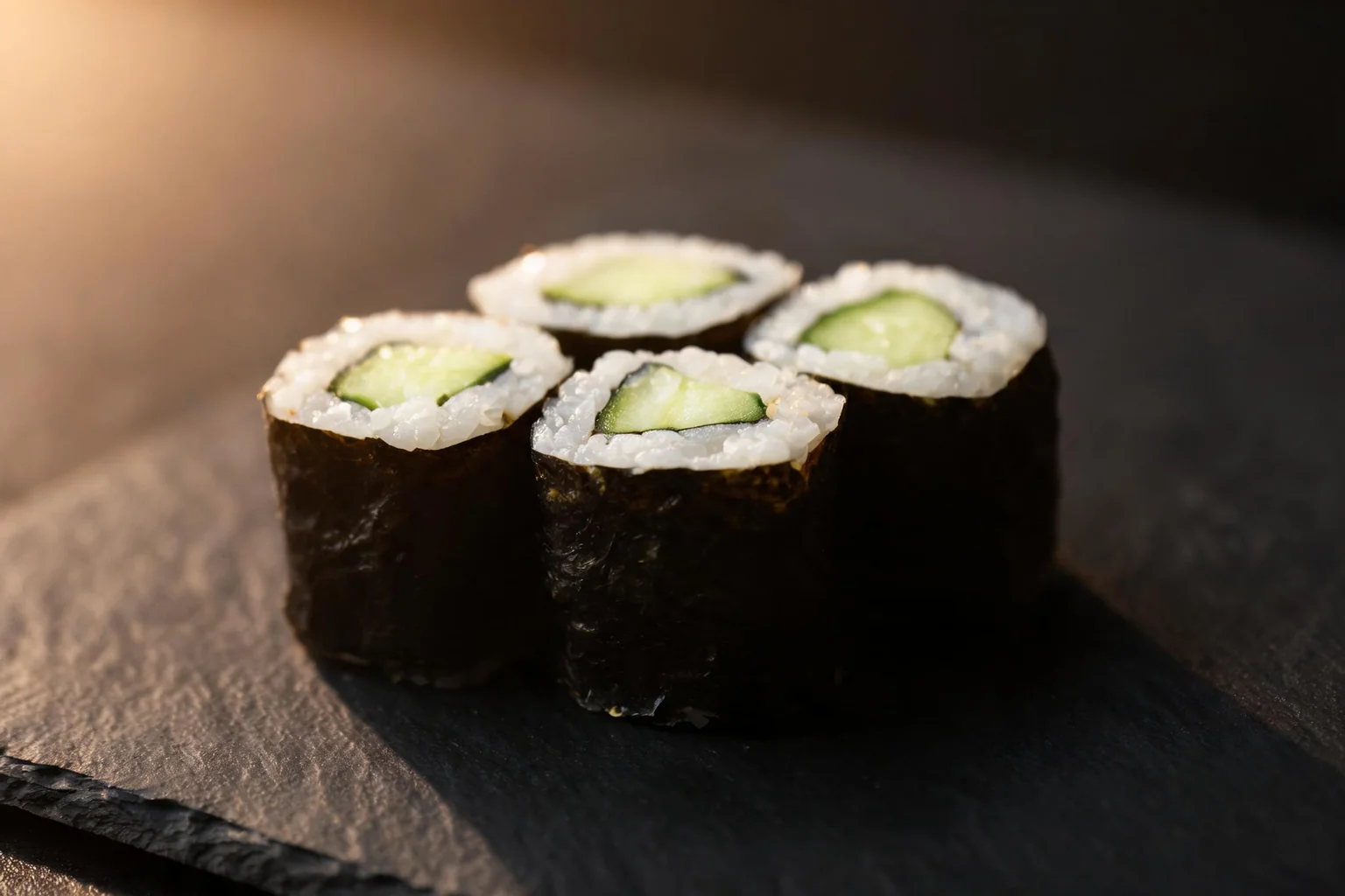Cut maki on a slate: rice, nori and cucumber. (illustration)