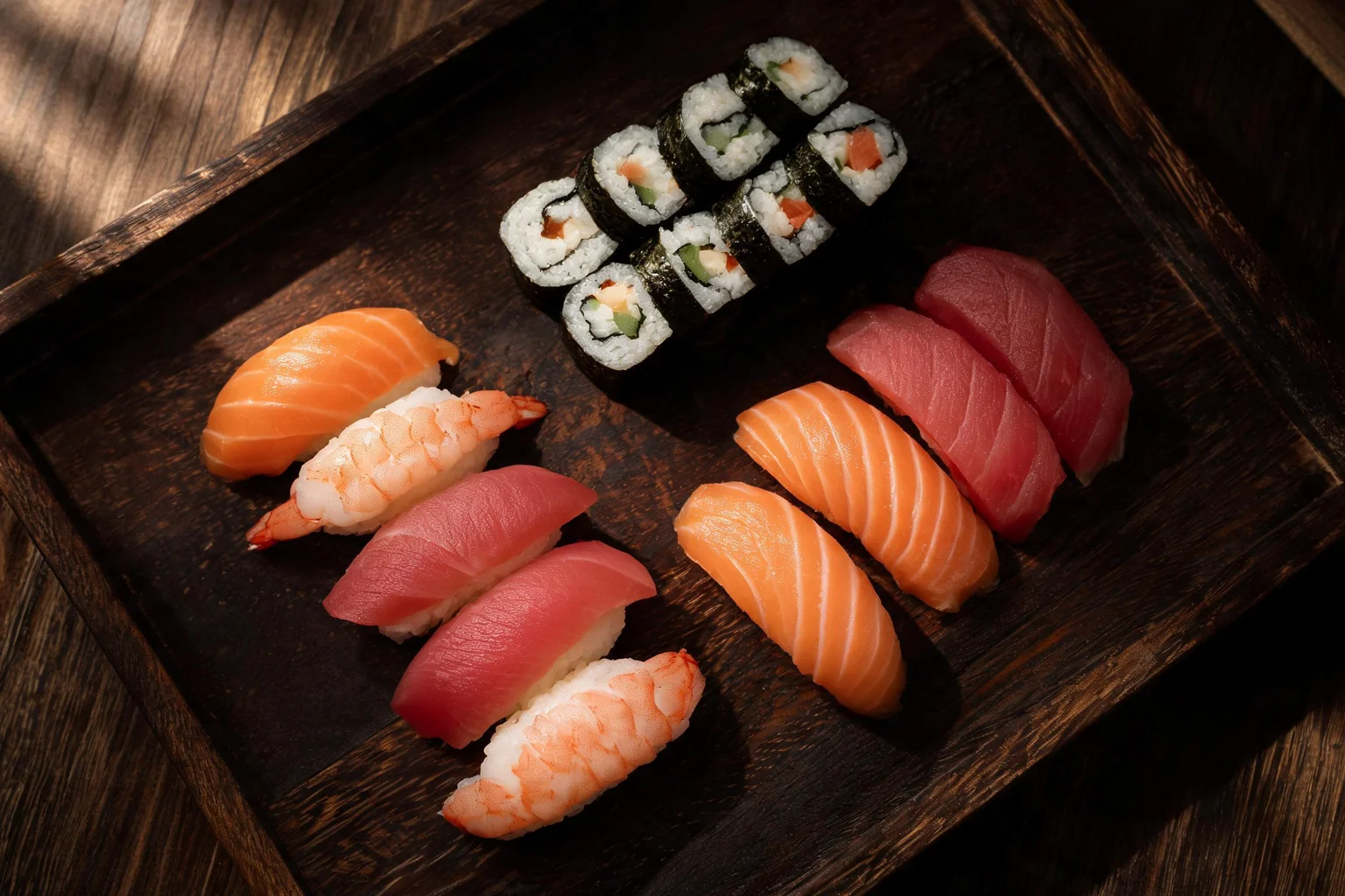 A wooden tray: salmon, tuna and prawn nigiri, and maki. (illustration)